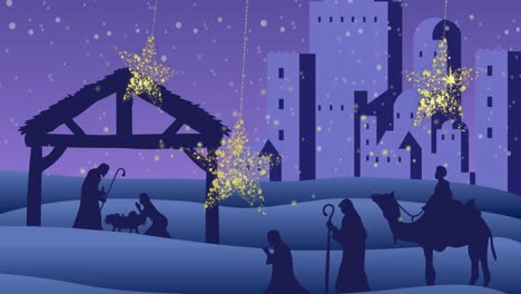 Animation-of-gold-christmas-stars-swinging-over-silhouette-nativity-scene-and-purple-city