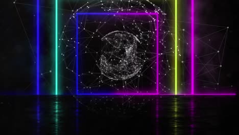 Animation-of-spinning-globe-with-neon-glowing-lines-and-square-geometric-moving-on-black-background