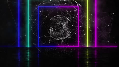 animación de un globo giratorio con líneas brillantes de neón y geometría cuadrada moviéndose sobre un fondo negro