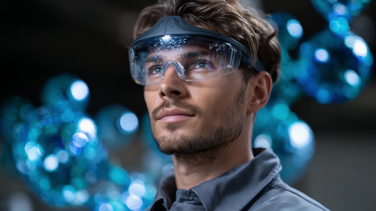 A confident individual wearing protective eyewear and a gray shirt poses against a backdrop of shimmering blue orbs, embodying a sense of innovation and modernity, highlighting safety in science and technology