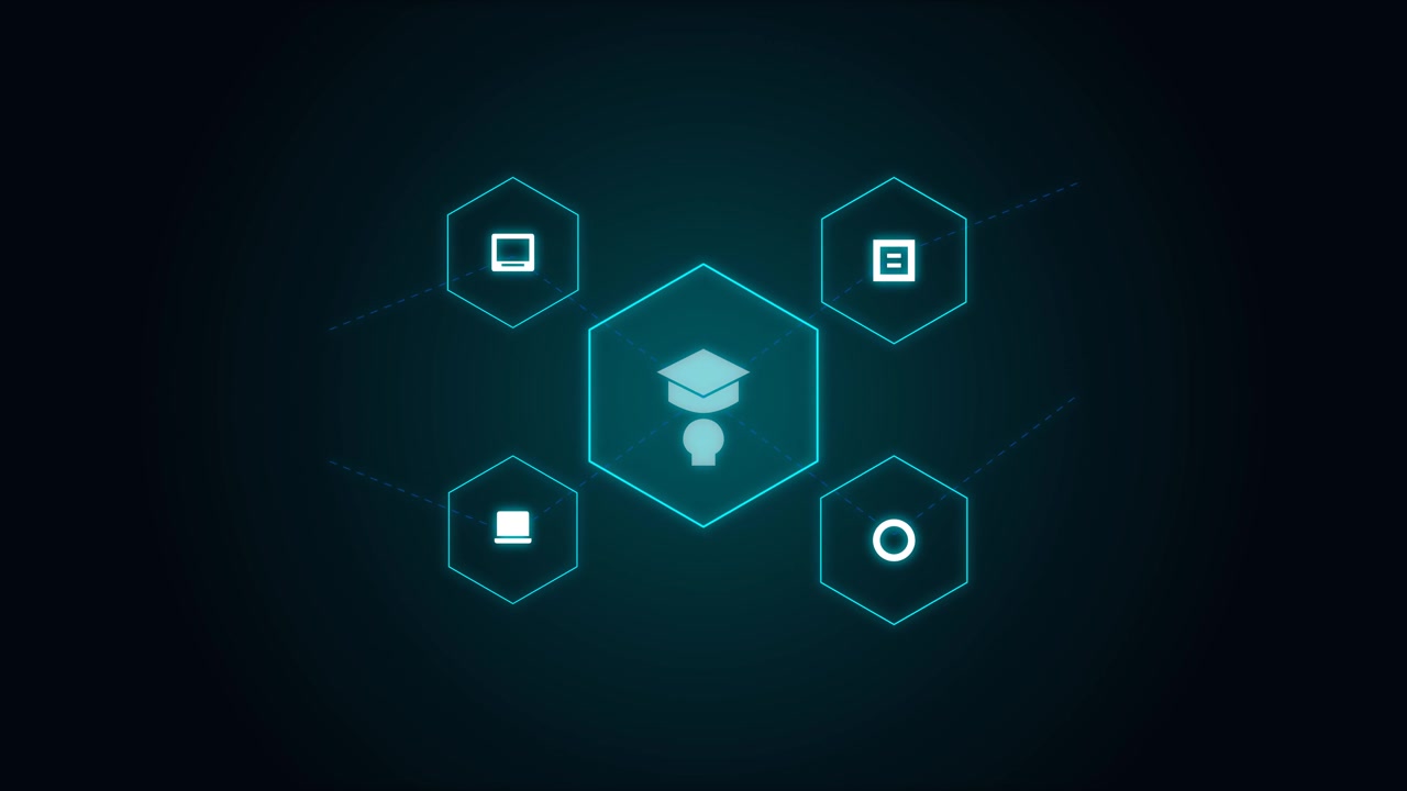 Digital Education Concept with Glowing Icons and Graduation Cap