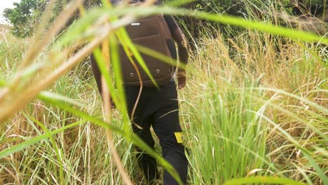 a super slow motion shot tracking from behind a young african man walking through tall grass is rural africa