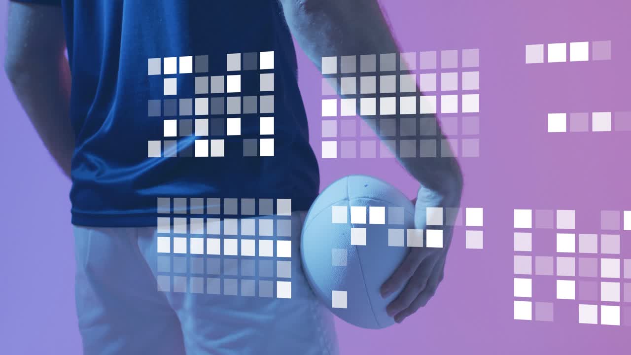 Athlete shifting weight, lifting volleyball against hip, showcasing sports tech square overlay