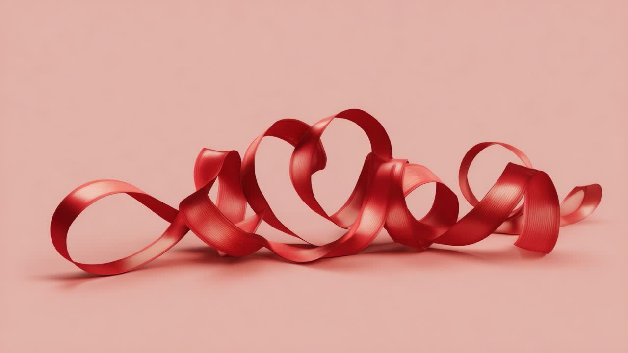 Elegante rote Schleifenbandkurven auf zartrosa Hintergrund, die eine optische Freude an Drehungen und Wendungen erzeugen, die in Designs für Laune und Feierlichkeit sorgen