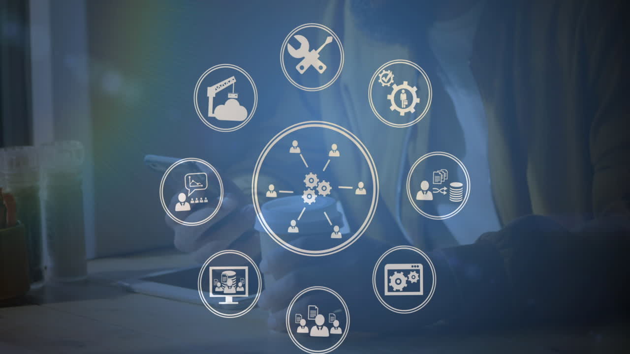 iconos digitales que se mueven contra el hombre usando un teléfono inteligente