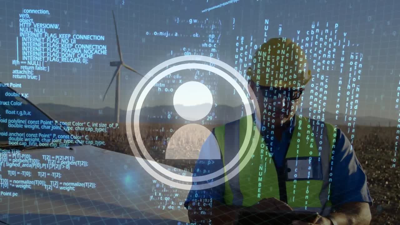 태블릿을 사용하는 코카시안 엔지니어에 대한 데이터 처리 및 사람 아이콘의 애니메이션