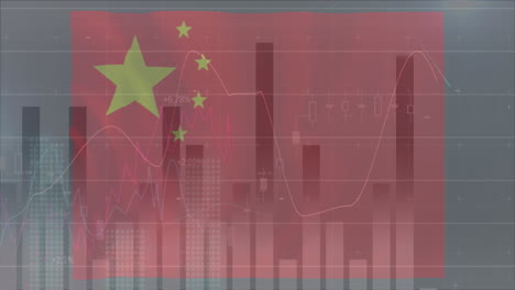 animation of chinese flag waving over financial data processing and statistics recording