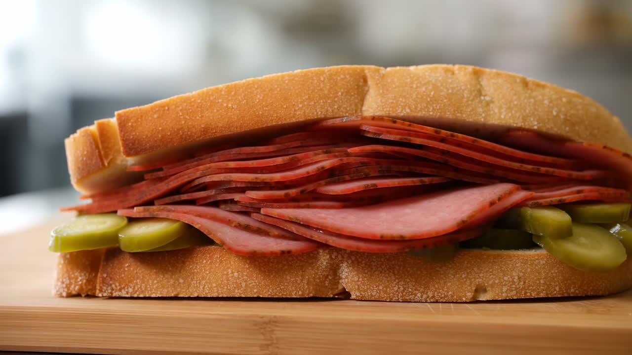 Primo piano di un delizioso sandwich con carne a fette e sottaceti