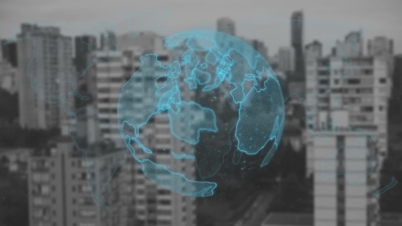 Animation of blue globe over cityscape
