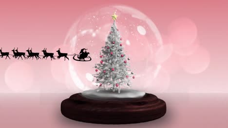 Animation-of-santa-claus-in-sleigh-with-reindeer-over-snow-globe-on-red-background