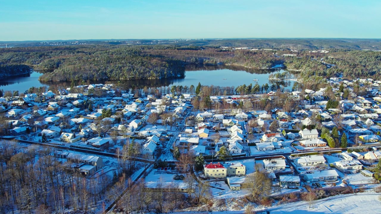 Ilmakuvaa dronella lumipeitteisistä huviloista jäätyneiden järvien rannalla ja metsämaisemasta rauhallisessa talvimaisemassa Öjersjössä, Partillessä, Ruotsissa.