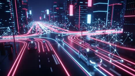 a futuristic cityscape with vibrant neon lights and dynamic traffic flow highlighting technological innovations in urban transportation