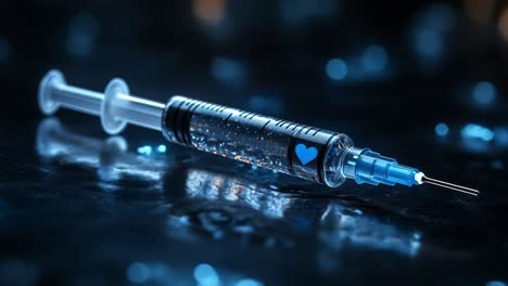 sparkling liquid in syringe. close-up of a syringe with sparkling liquid and heart design on a reflective surface with blue lights.