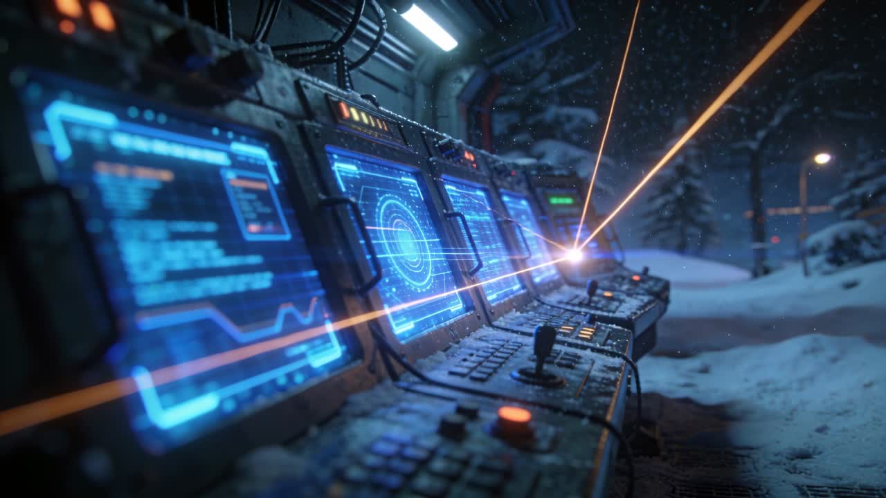 Vertical video: Lighting console with joystick and displays at bay orange beam causing snow plume