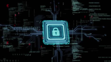 animación del procesamiento de datos sobre un candado y un fondo oscuro