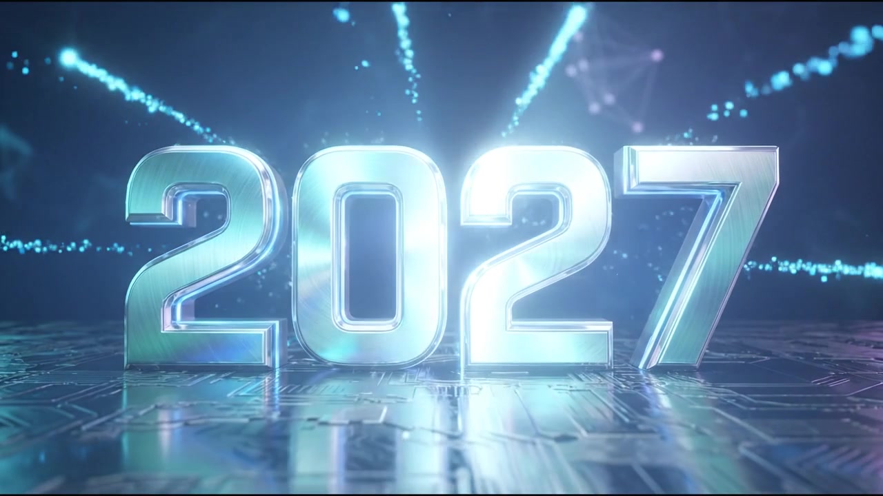 Grafica in movimento decorativa del numero 2027 con tipografia luminosa blu e viola
