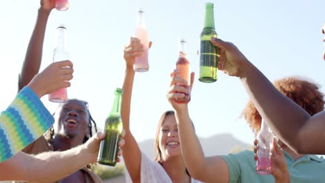 happy diverse friends drinking a toast in the sun at pool party, slow motion