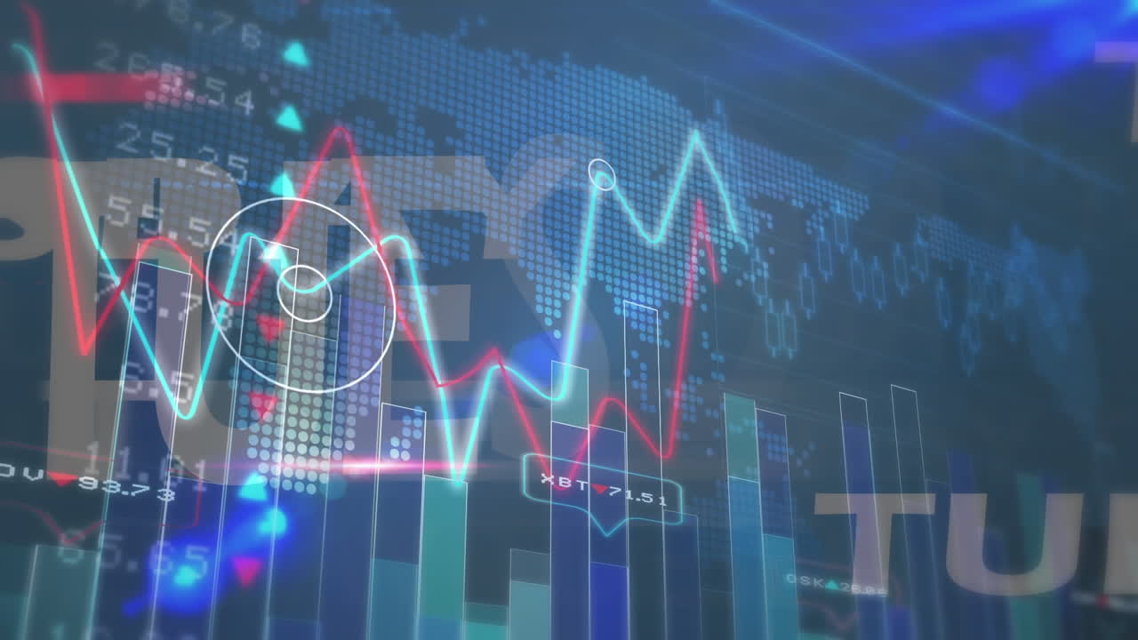 L'animazione digitale visualizza i movimenti giornalieri dei titoli su uno schermo blu.