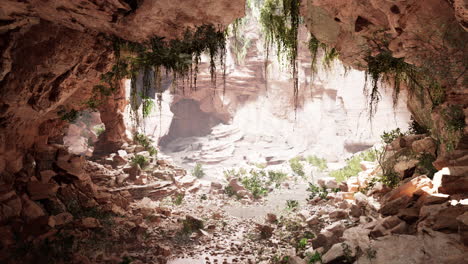 inside a limestone cave with plants and sun shine