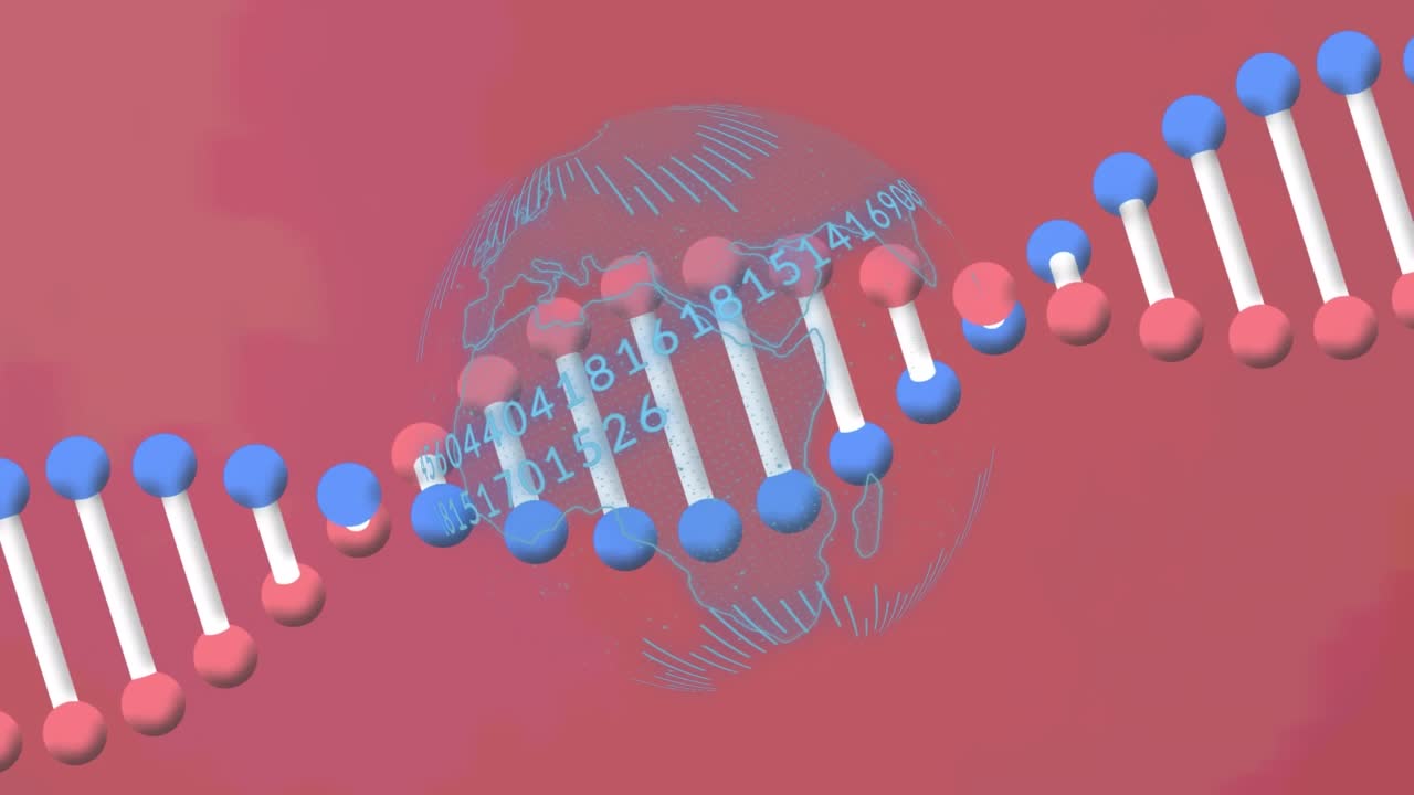 Struttura del DNA che gira ed elaborazione di dati con codice binario su un globo, il tutto su sfondo rosa.