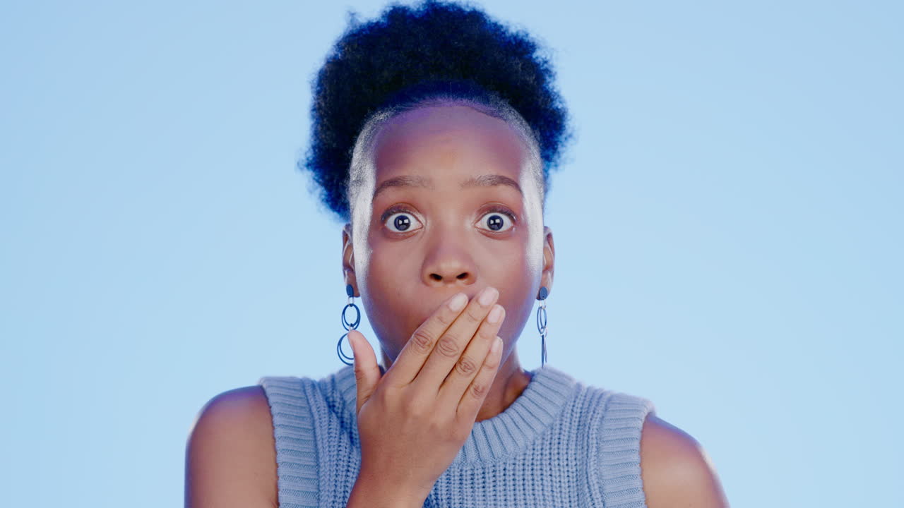 Black woman, studio and shock face by background
