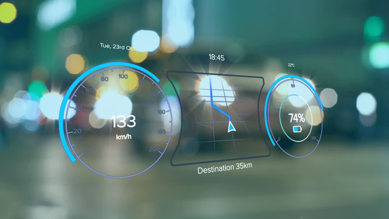 도시를 가로지르는 전기 자동차 속도계 데이터 처리 애니메이션