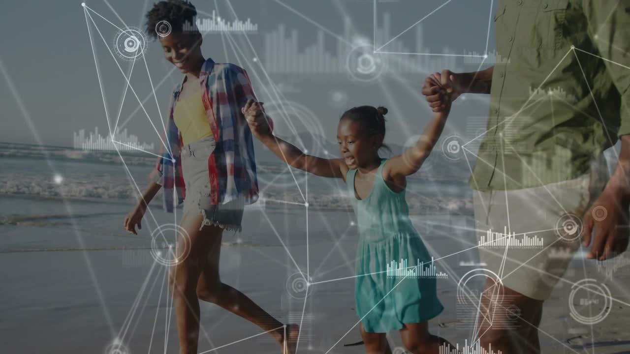 Parents lifting child, swinging then walking beach for family bonding, HUD overlays tracking motion