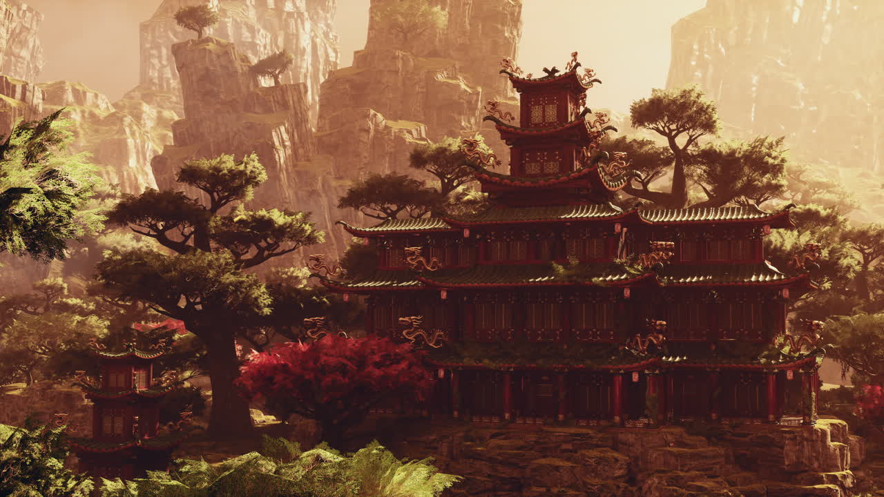 Stunning temple in mountains at sunset illuminating natures beauty