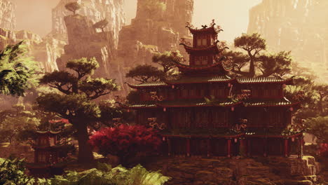 stunning temple in mountains at sunset illuminating natures beauty