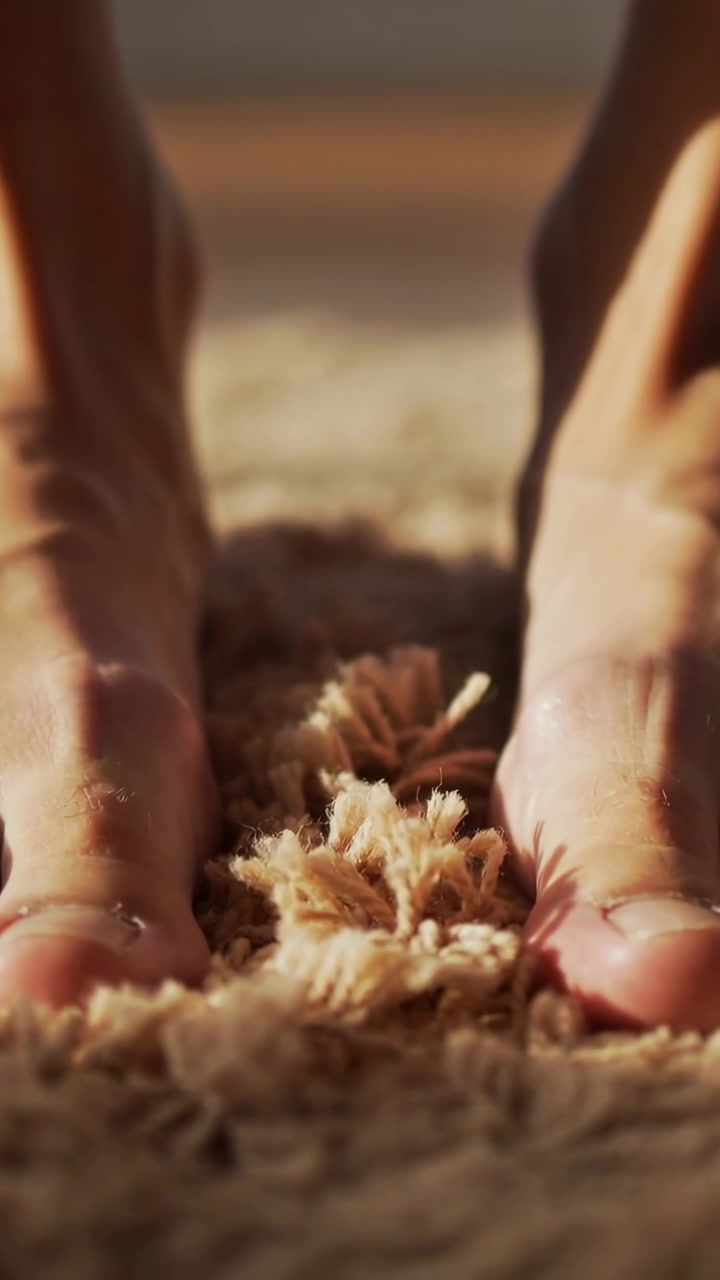Video verticale: Piedi adulti nudi che premono e affondano nel tappeto di casa, percependo la morbidezza di un tappeto a pelo lungo.