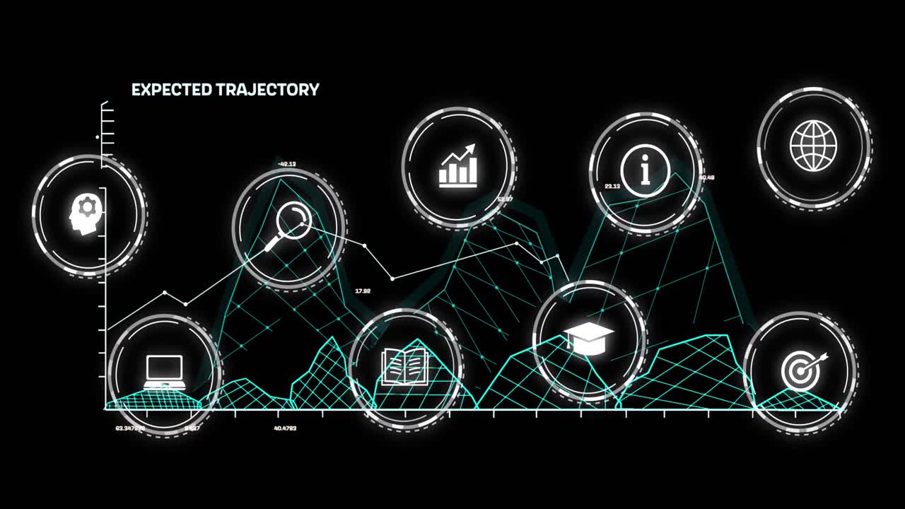 animación de la red de conexiones con iconos en fondo oscuro