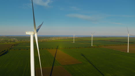 aerial view of windmill farm producing power. windmills creating natural energy.