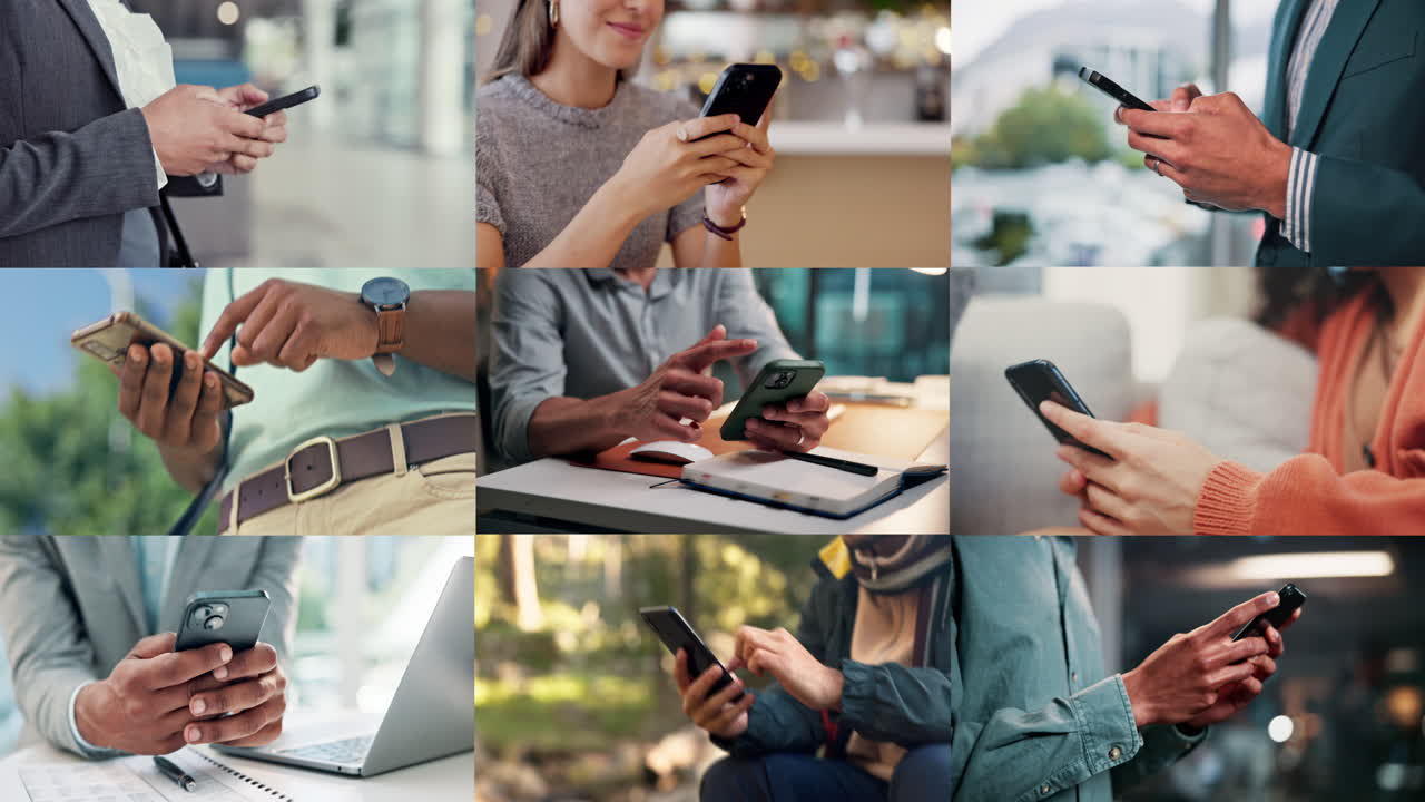 Mani di persone diverse che usano smartphone in vari contesti