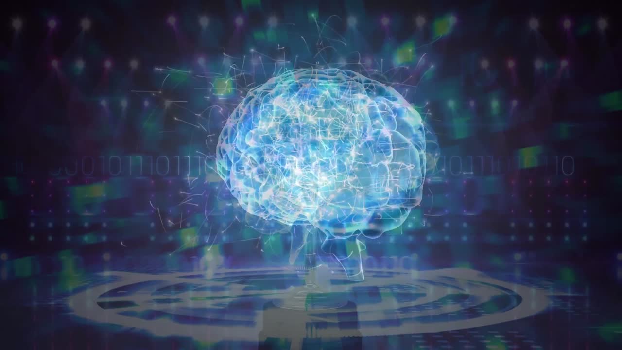 Animation of brain and data processing over black background