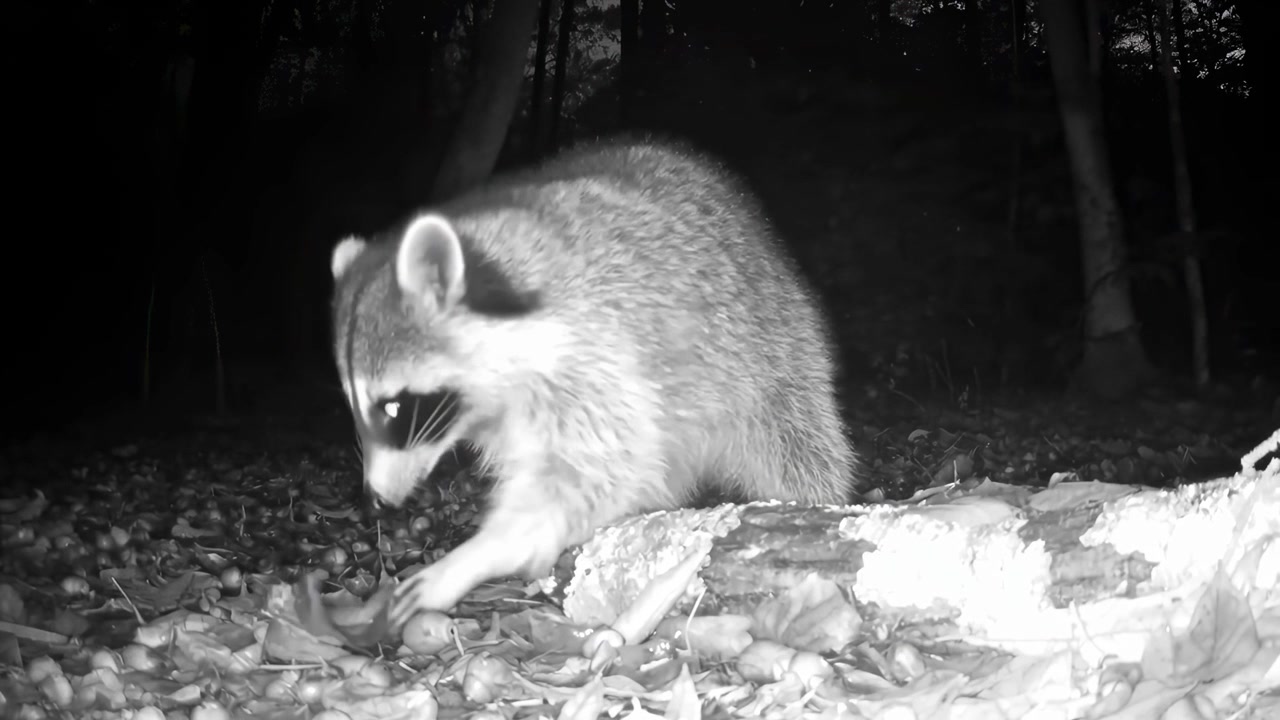 Raccoon Foraging for Food in the Forest at Night