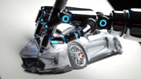 a futuristic robotic arm skillfully illustrates a sleek, high-performance sports car design on a canvas, merging technology with automotive artistry