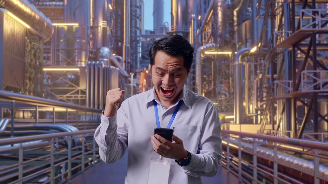 Asian Male Professional Worker Standing With His Smartphone At A Vast Oil Refinery, He Raises His Fist Up With Screaming Goal