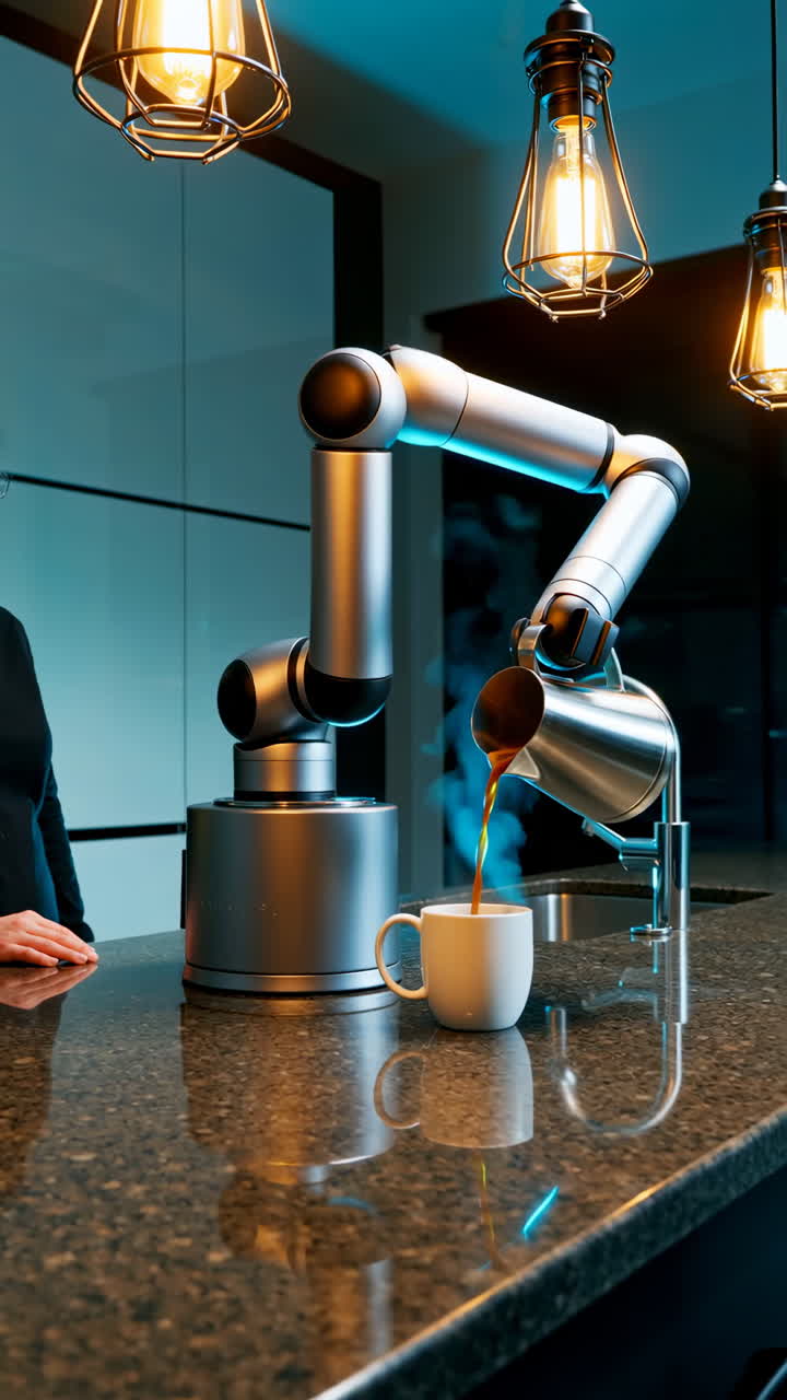 Robotic Arm Pouring Coffee in a Modern Kitchen