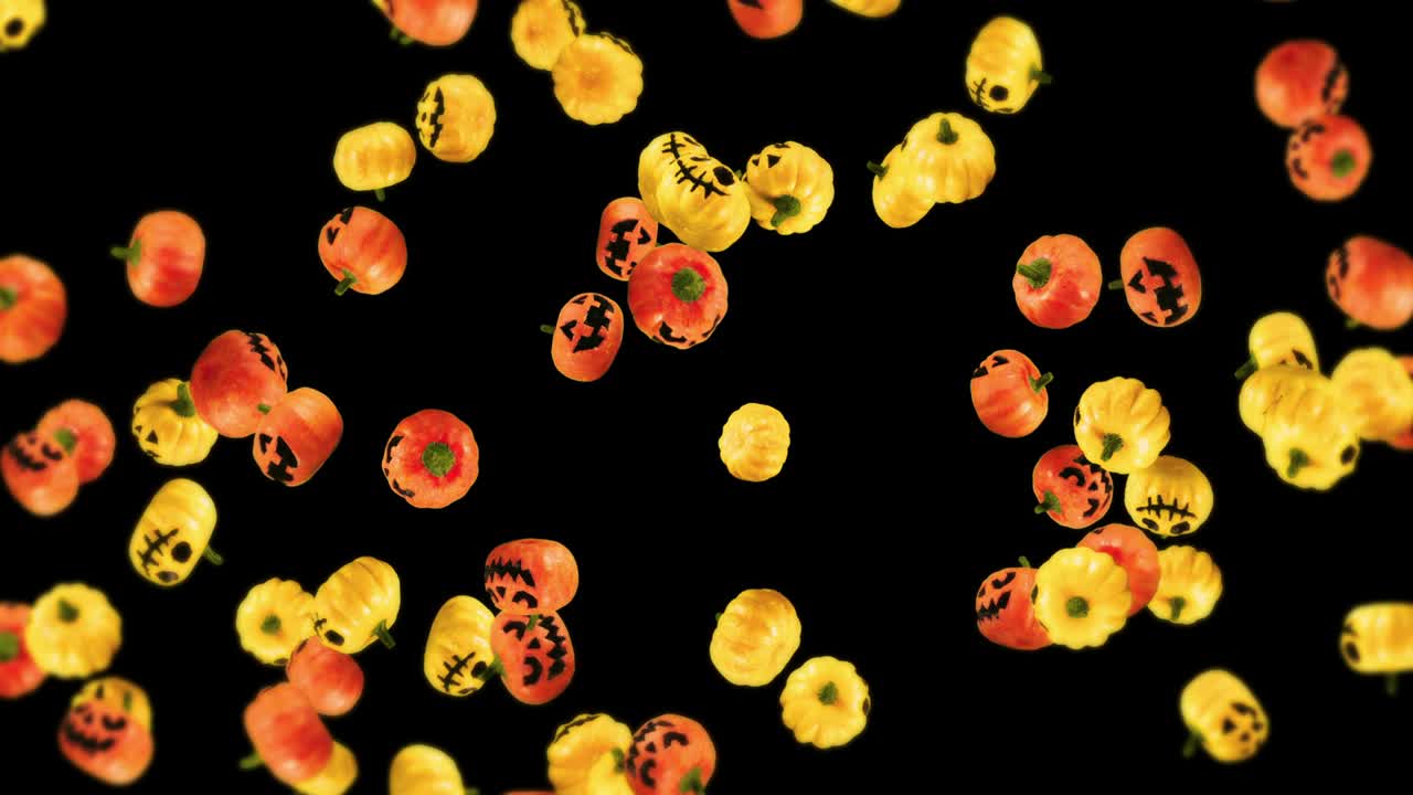 Flying many orange and yellow pumpkins on black background. Cartoon faces with smile. 3D animation for the holiday Halloween. Loop animation.