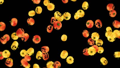 flying many orange and yellow pumpkins on black background. cartoon faces with smile. 3d animation for the holiday halloween. loop animation.