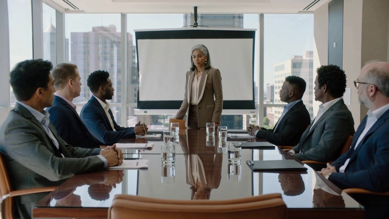 Standing senior woman in business suit placing hands on table, stepping to screen revealing slides