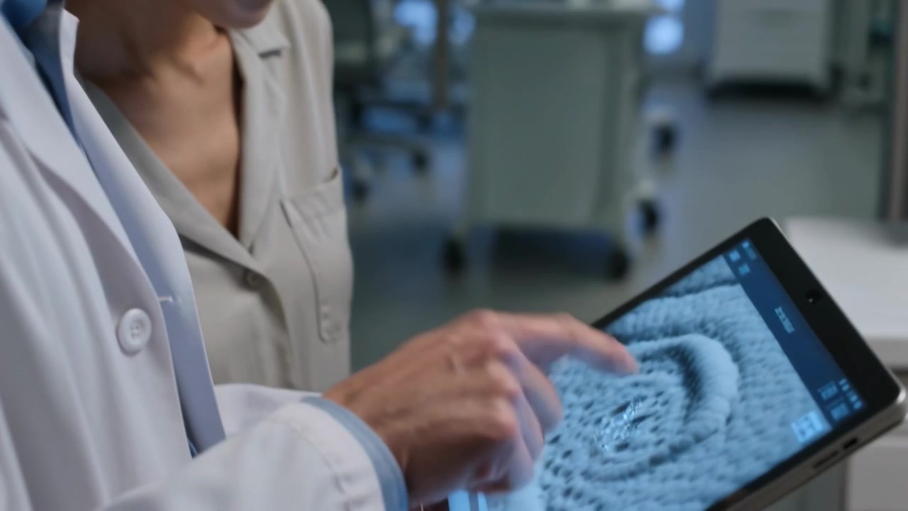 Leaning doctor in lab coat tapping tablet while colleague observing at lab, examining circular scan
