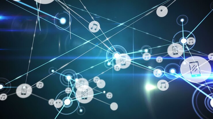 Connectors moving and digital data on blue background