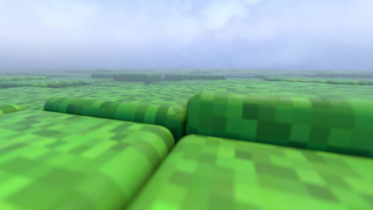 cubos abstractos en 3d. patrón de ondas de mosaico geométrico. construcción de paisajes de colinas usando bloques de hierba verde, cielo azul y nubes. estilo minecraft. fondo de píxeles. bucle de animación en 3d de 4k