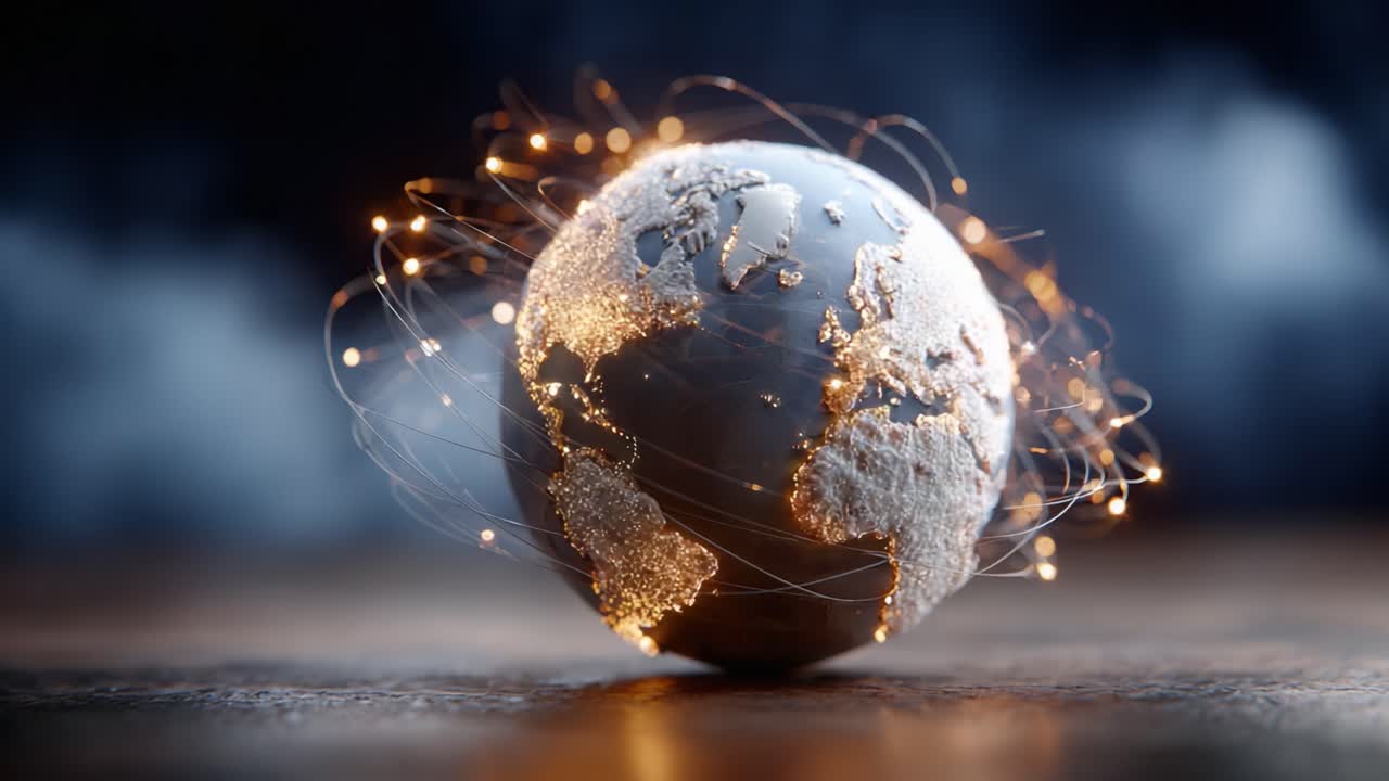 A Glimmering Representation of the Earth with Dynamic Light Trails, Illustrating Connectivity and Global Interaction in a Captivating 3D Visualization