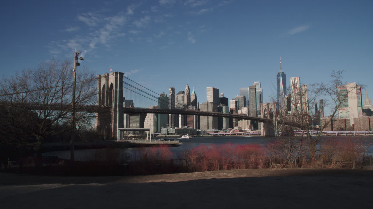 Inquadratura di ambientazione del Ponte di Brooklyn e della Bassa Manhattan. Scattata nel Brooklyn Bridge Park in una mattina d'inverno.
