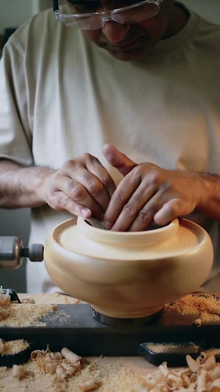 Vertical video: Placing cloth, turner wearing safety specs, tee sanding bowl on lathe to refine rim