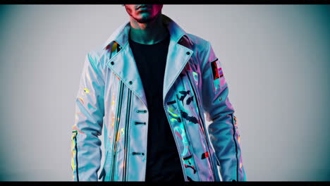 cyberpunk style: man in iridescent neon jacket