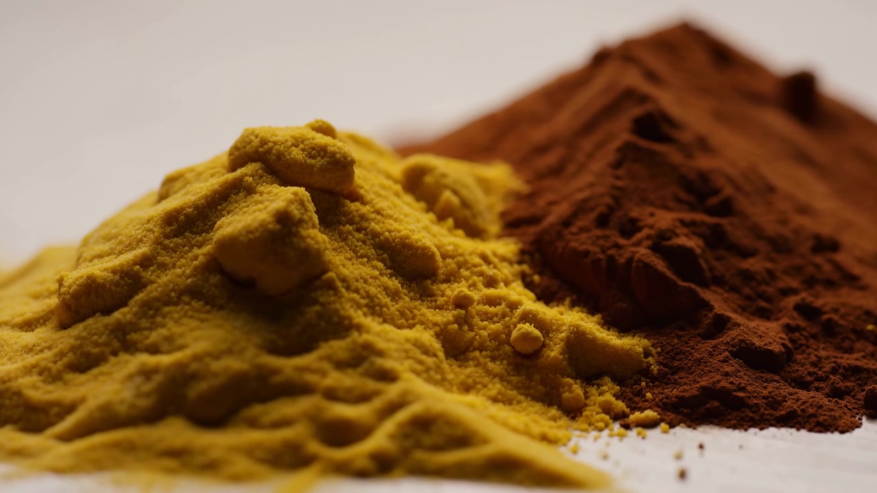Two ground spice mounds rest on neutral off-white studio surface, viewed from low level with warm soft lighting, revealing crumbly grains, rich color contrast, and natural food texture
