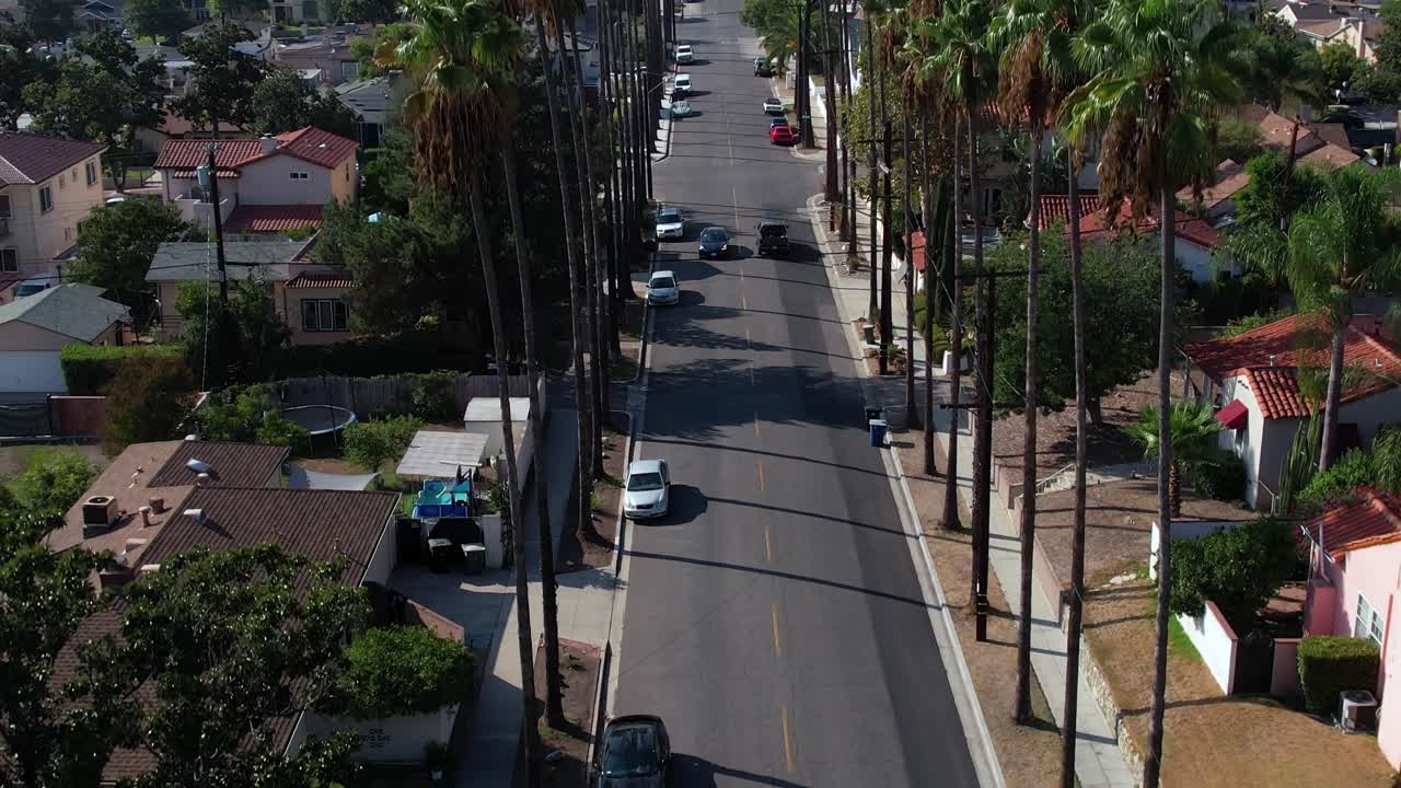 calle bordeada de palmeras en el barrio de burbank con coches pasando